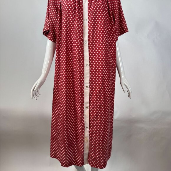 Vintage 1950s Red & White Polka Dot Button-Up House Dress With Short Sleeves - Picture 1 of 16
